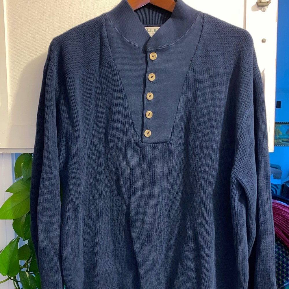 Vintage 1990s LL Bean Navy Blue Guernsey Fisherman Sweater Made in USA Cotton